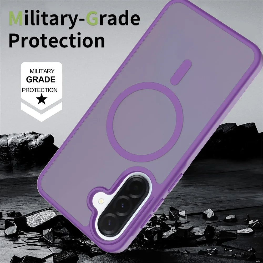 For Samsung Galaxy A56 5G Magnetic Phone Case Matte Finish TPU PC Shockproof Phone Cover with Tempered Glass - Dark Purple - 4