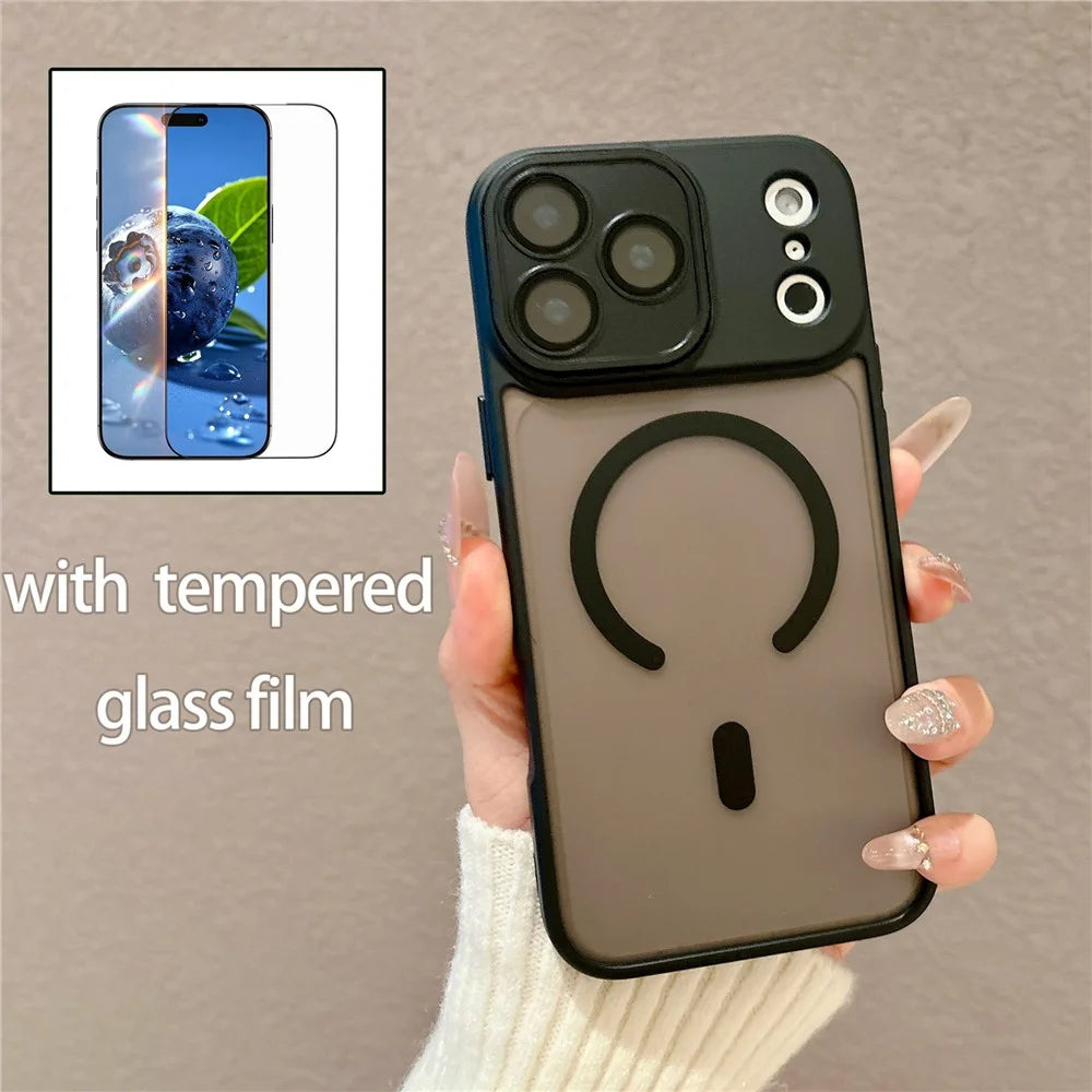 For iPhone 17 Pro Matte Case PC + TPU All-wrapped Protection Magnetic Phone Cover with Tempered Glass Compatible with MagSafe - Orange - 3