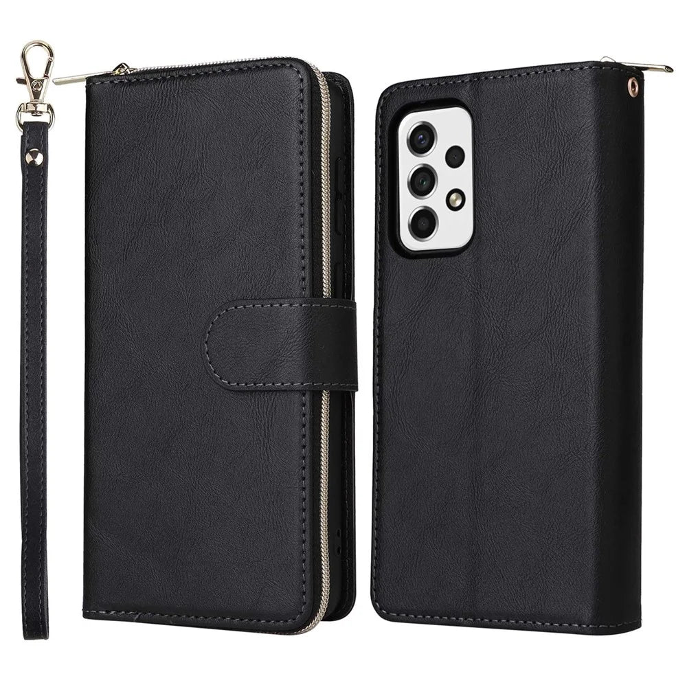 PU Leather Shell for Samsung Galaxy A73 5G, Stand Wallet Phone Flip Case Magnetic 9 Card Holder Slots Zipper Pocket Cover with Strap - Black - 1