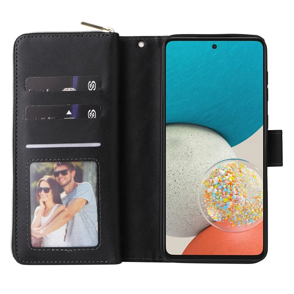 PU Leather Shell for Samsung Galaxy A73 5G, Stand Wallet Phone Flip Case Magnetic 9 Card Holder Slots Zipper Pocket Cover with Strap - Black - 2