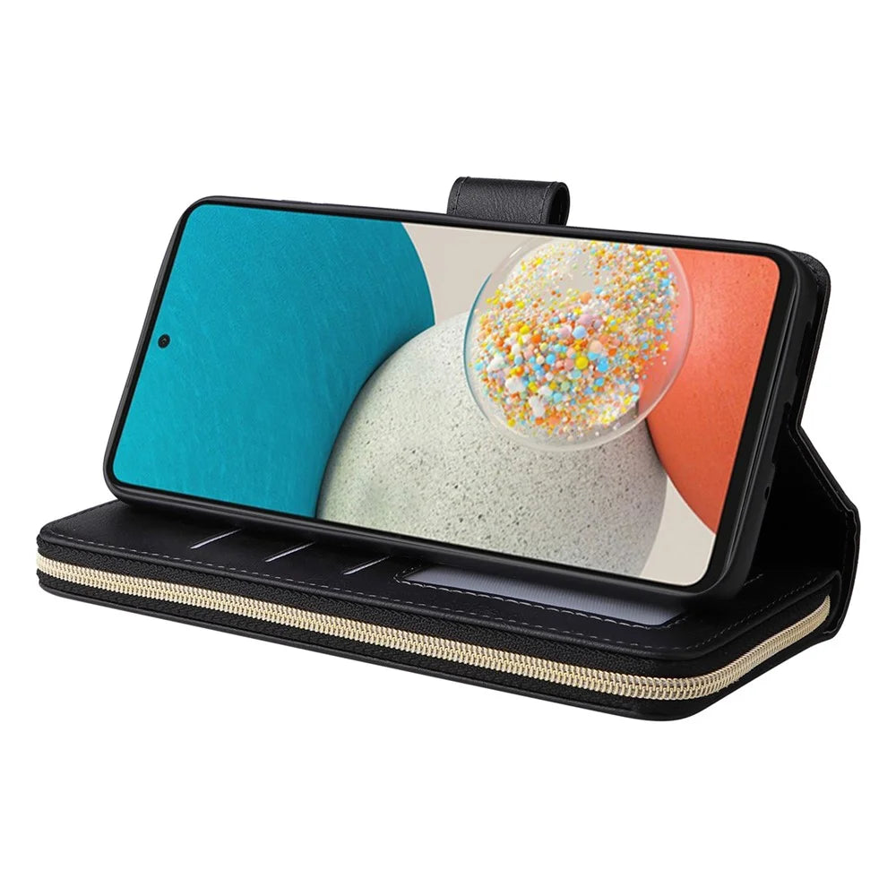 PU Leather Shell for Samsung Galaxy A73 5G, Stand Wallet Phone Flip Case Magnetic 9 Card Holder Slots Zipper Pocket Cover with Strap - Black - 3