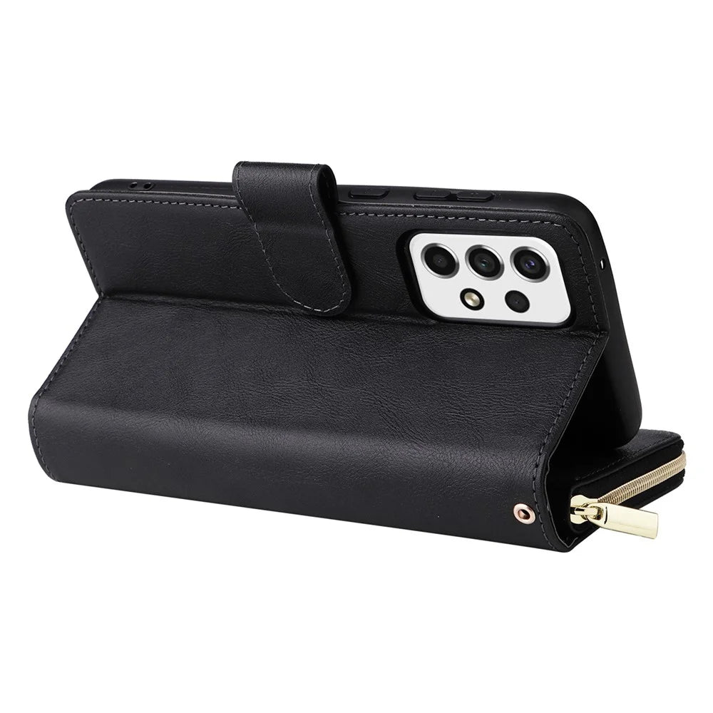 PU Leather Shell for Samsung Galaxy A73 5G, Stand Wallet Phone Flip Case Magnetic 9 Card Holder Slots Zipper Pocket Cover with Strap - Black - 4