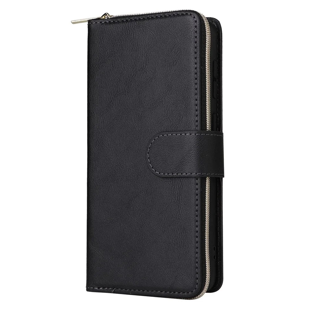 PU Leather Shell for Samsung Galaxy A73 5G, Stand Wallet Phone Flip Case Magnetic 9 Card Holder Slots Zipper Pocket Cover with Strap - Black - 6