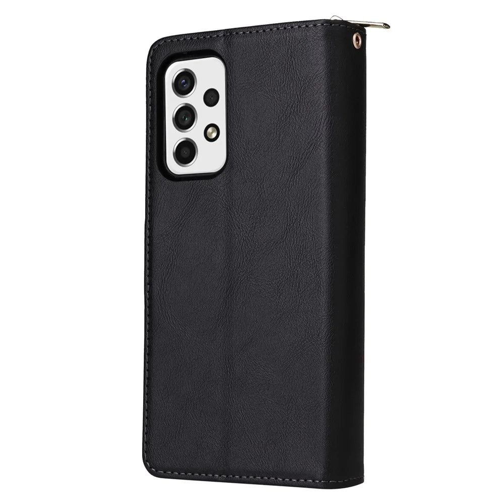 PU Leather Shell for Samsung Galaxy A73 5G, Stand Wallet Phone Flip Case Magnetic 9 Card Holder Slots Zipper Pocket Cover with Strap - Black - 7