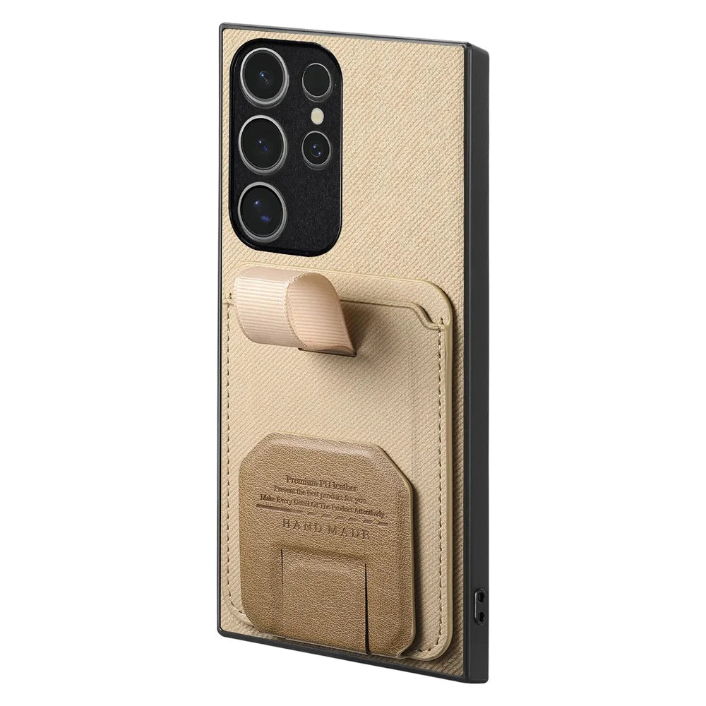 For Samsung Galaxy S26 Ultra Case Cloth Texture TPU PU Leather PC Phone Back Cover  with Card Holder Kickstand - Khaki - 2