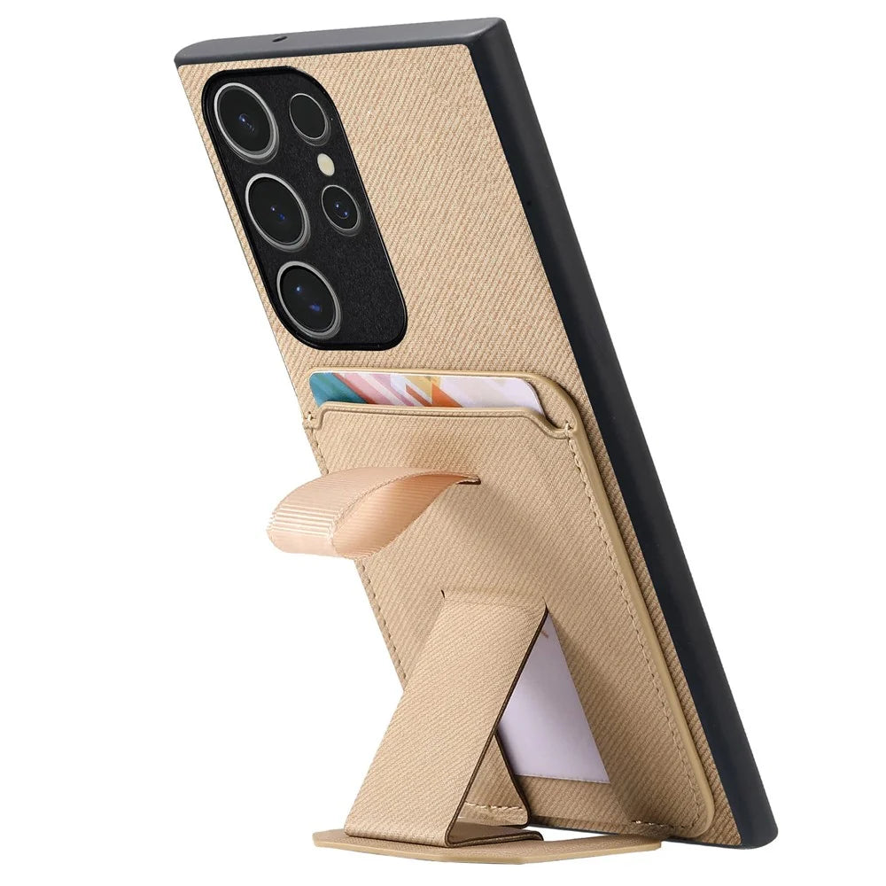 For Samsung Galaxy S26 Ultra Case Cloth Texture TPU PU Leather PC Phone Back Cover  with Card Holder Kickstand - Khaki - 4