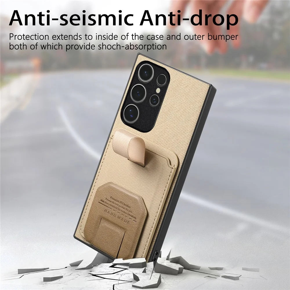 For Samsung Galaxy S26 Ultra Case Cloth Texture TPU PU Leather PC Phone Back Cover  with Card Holder Kickstand - Khaki - 5