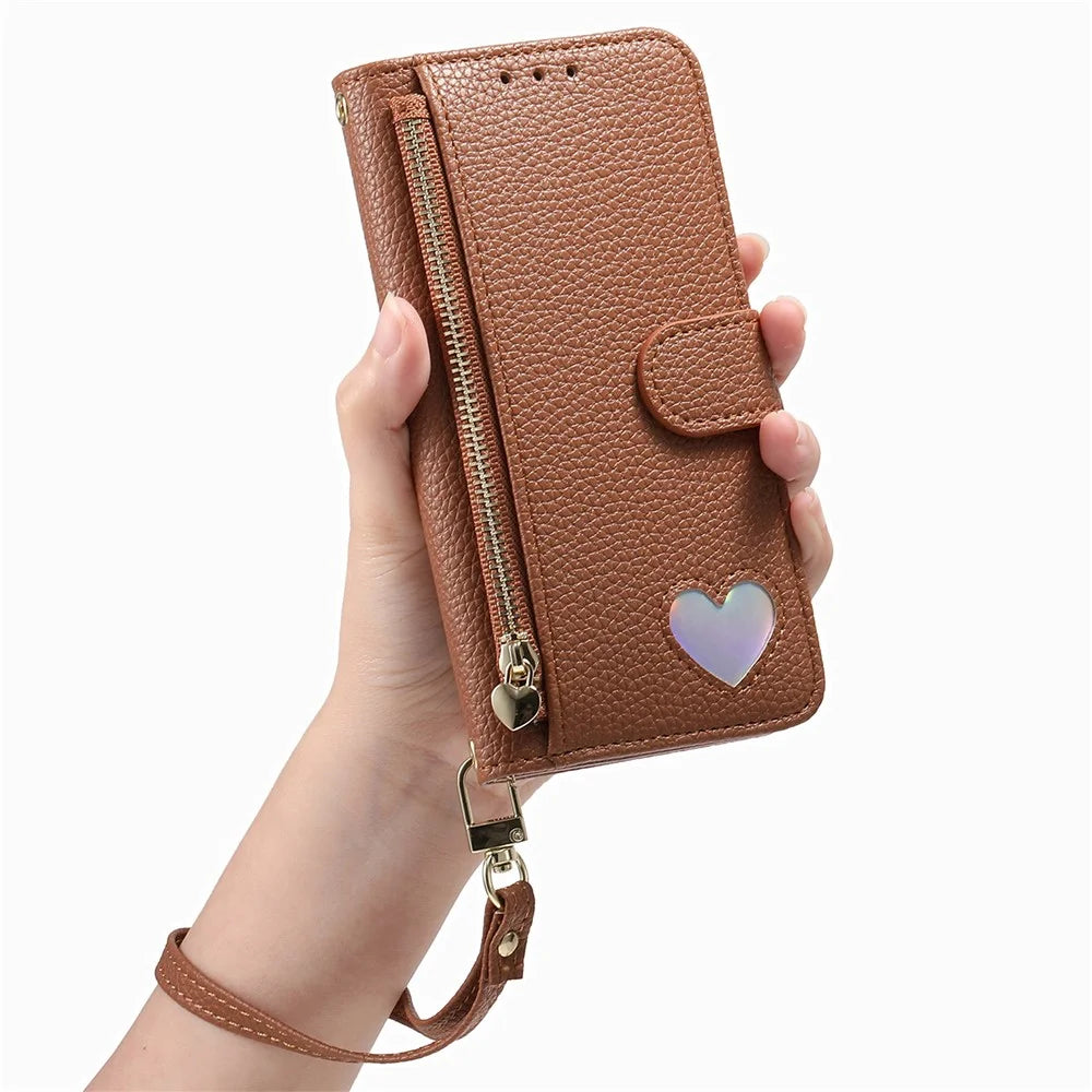 For Samsung Galaxy S26 Case Zipper Pocket TPU PU Leather Wallet Phone Cover with Strap - Brown - 4