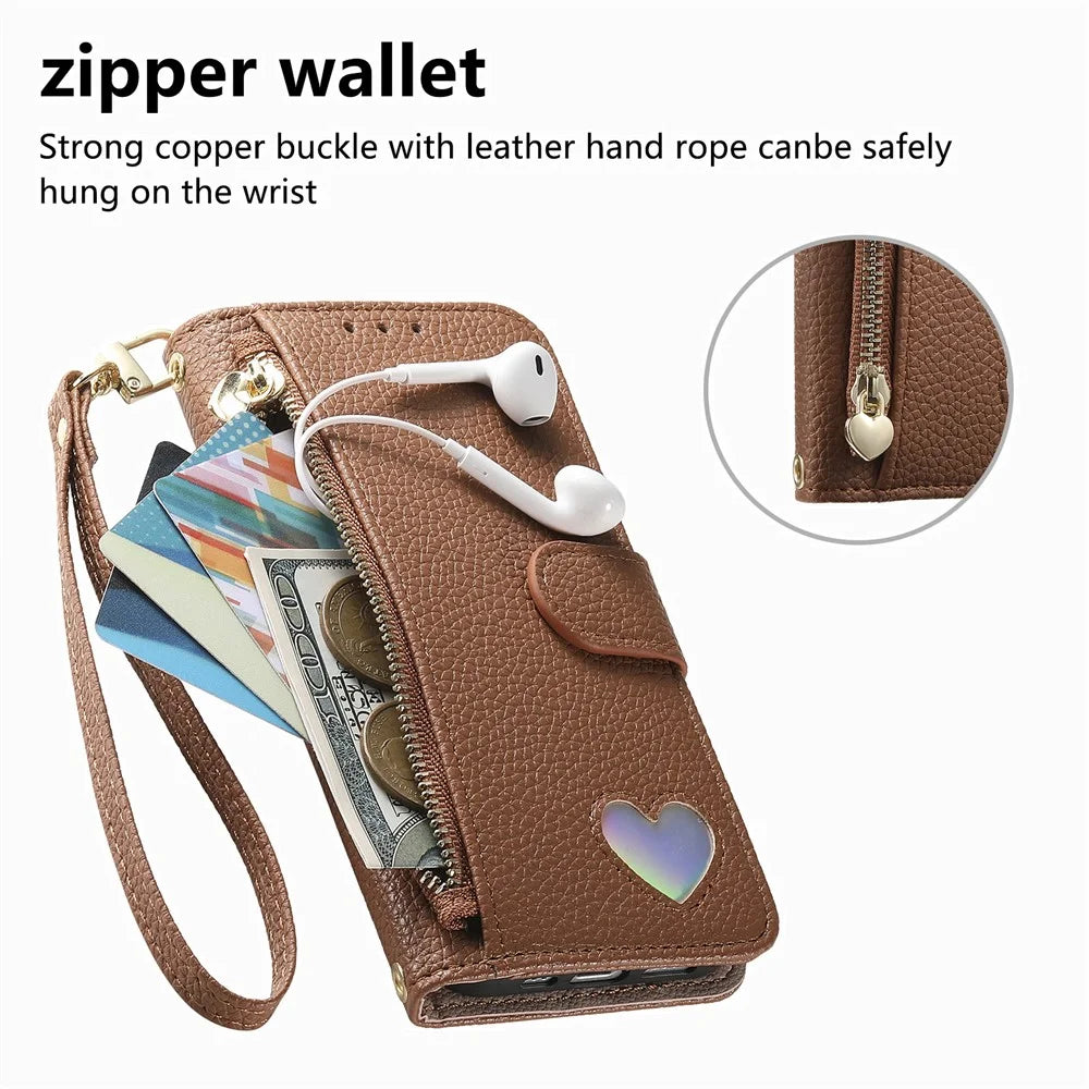 For Samsung Galaxy S26 Case Zipper Pocket TPU PU Leather Wallet Phone Cover with Strap - Brown - 5