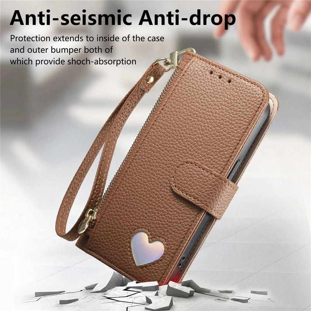 For Samsung Galaxy S26 Case Zipper Pocket TPU PU Leather Wallet Phone Cover with Strap - Brown - 6