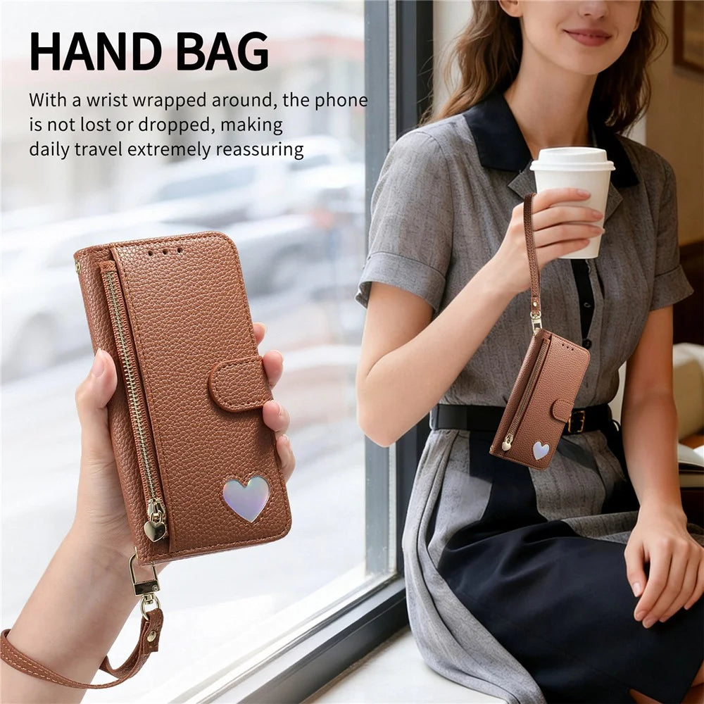 For Samsung Galaxy S26 Case Zipper Pocket TPU PU Leather Wallet Phone Cover with Strap - Brown - 7