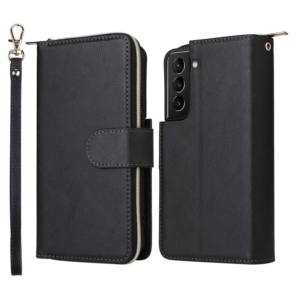 For Samsung Galaxy S23 Stand Wallet Phone PU Leather Flip Case Magnetic 9 Card Holder Slots Zipper Pocket Cover with Strap - Black - 1