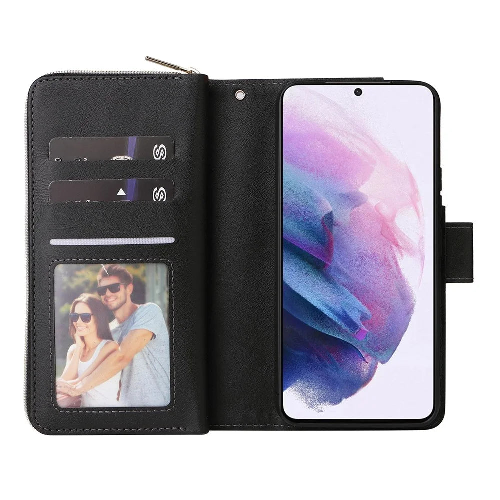 For Samsung Galaxy S23 Stand Wallet Phone PU Leather Flip Case Magnetic 9 Card Holder Slots Zipper Pocket Cover with Strap - Black - 2