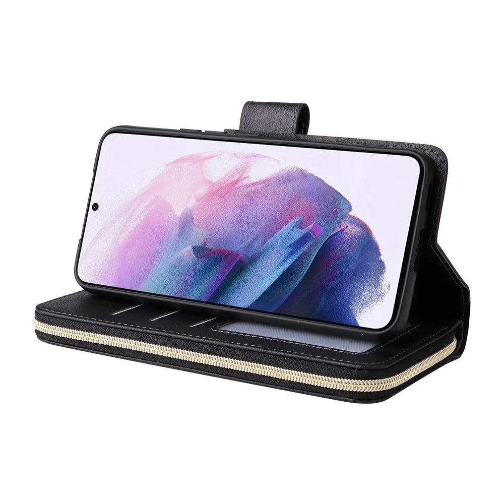For Samsung Galaxy S23 Stand Wallet Phone PU Leather Flip Case Magnetic 9 Card Holder Slots Zipper Pocket Cover with Strap - Black - 3