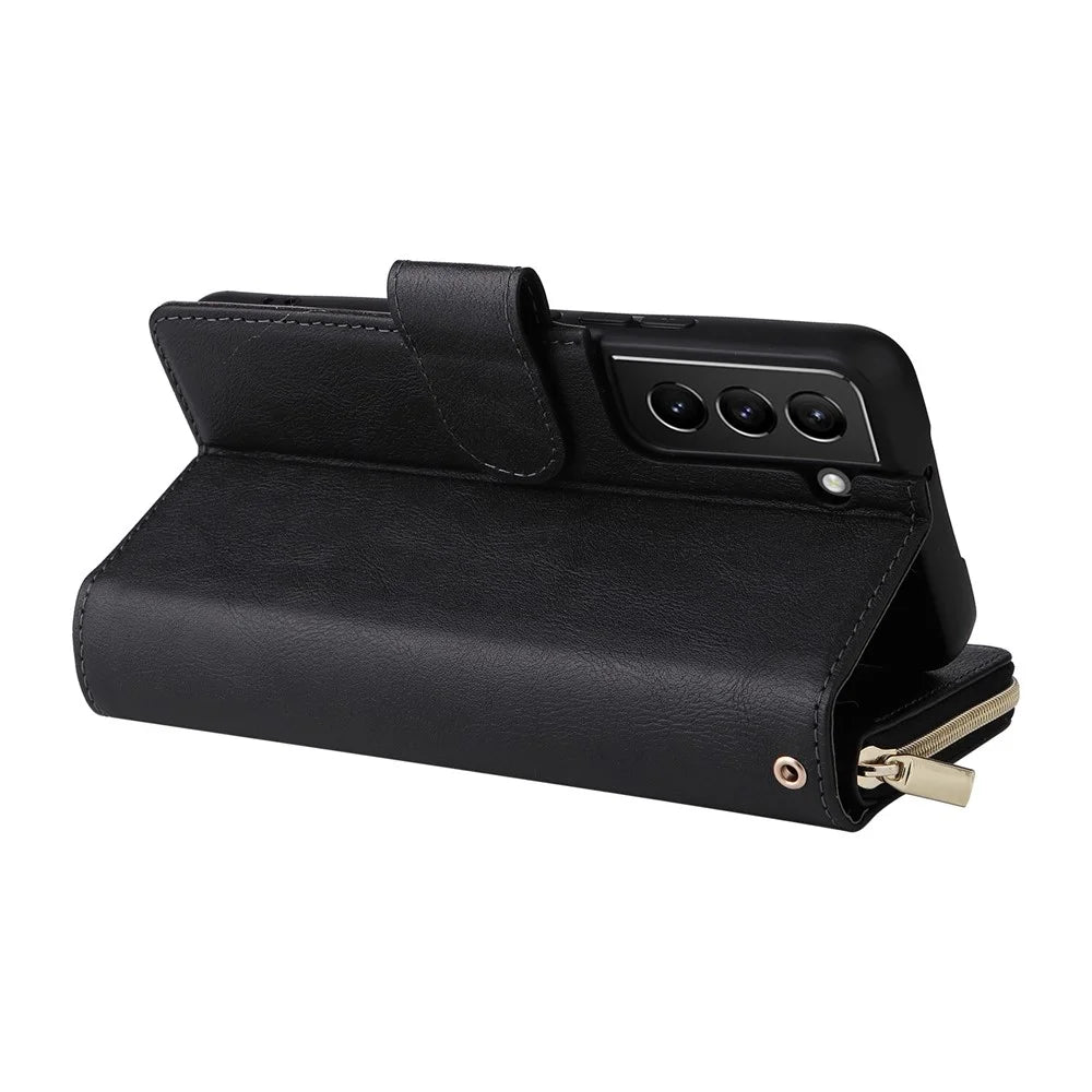 For Samsung Galaxy S23 Stand Wallet Phone PU Leather Flip Case Magnetic 9 Card Holder Slots Zipper Pocket Cover with Strap - Black - 4