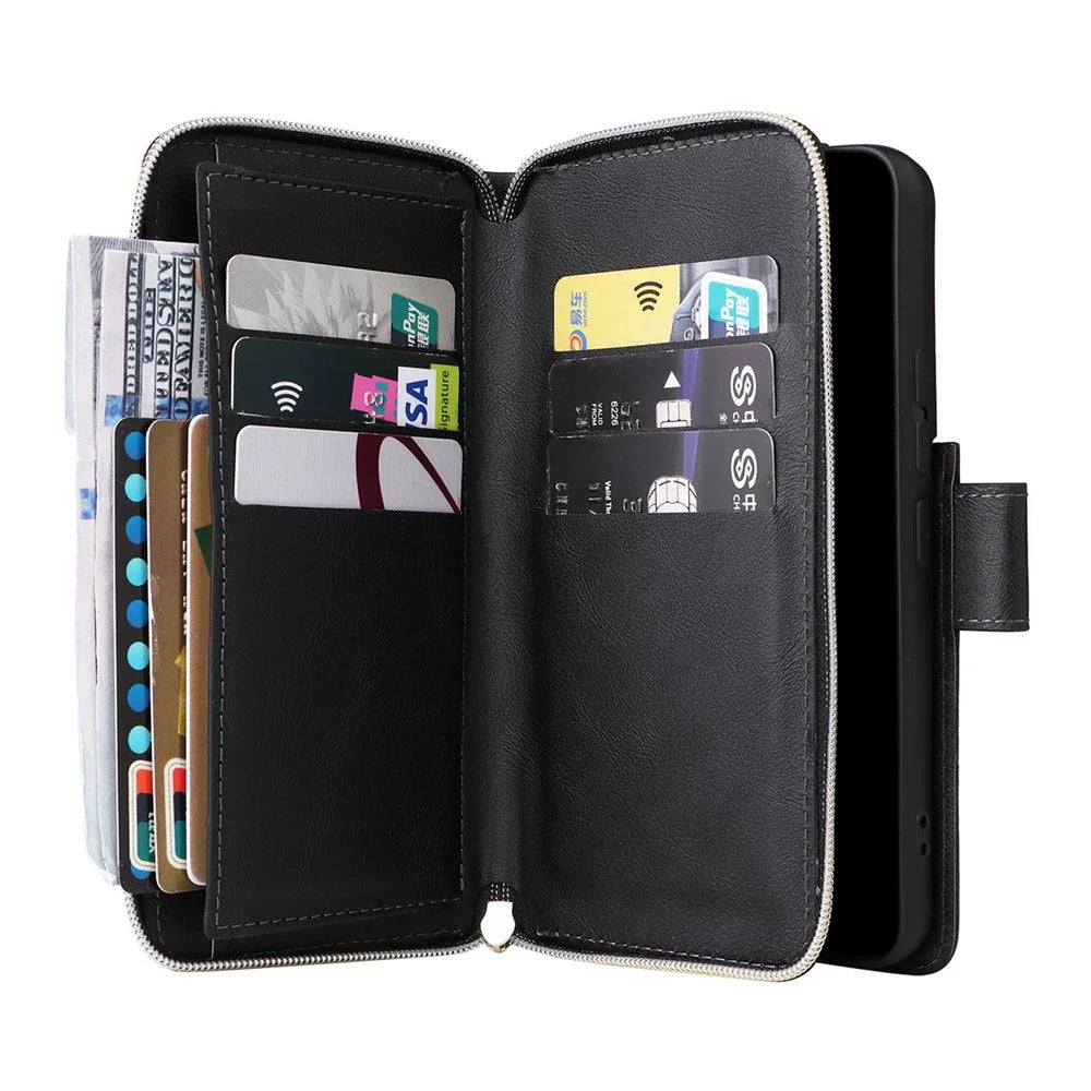 For Samsung Galaxy S23 Stand Wallet Phone PU Leather Flip Case Magnetic 9 Card Holder Slots Zipper Pocket Cover with Strap - Black - 5