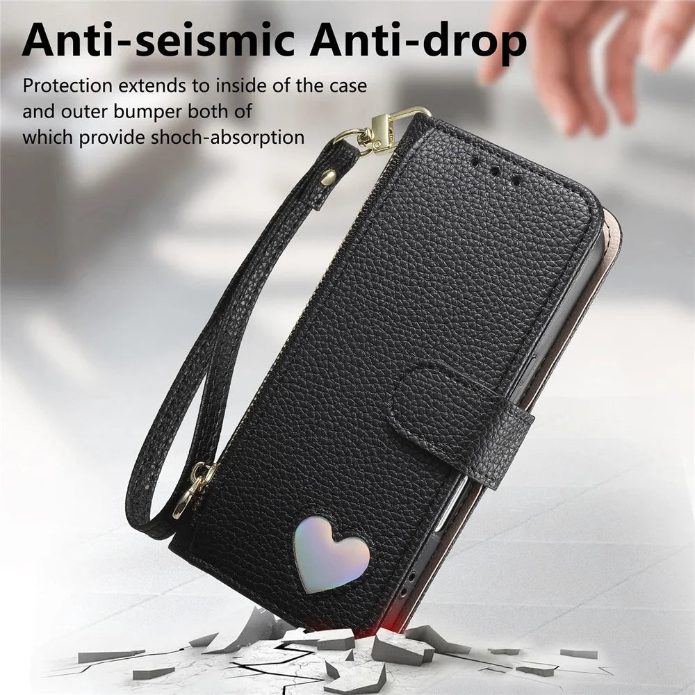 For Sony Xperia 10 VII Case Zipper Wallet Stand Heart Pattern PU Leather Phone Cover with Wrist Strap - Black - 6