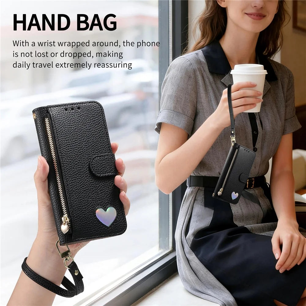 For Sony Xperia 10 VII Case Zipper Wallet Stand Heart Pattern PU Leather Phone Cover with Wrist Strap - Black - 7