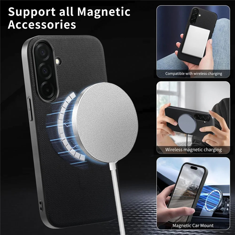 For Samsung Galaxy S26+ Magnetic Case Fine Grid Texture Leather + PC + TPU Phone Cover - Black - 6