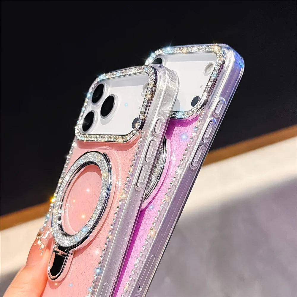 For iPhone 18 Pro / 17 Pro Case Kickstand Rhinestone Edge Glitter Back TPU + PC IMD Phone Cover - Glitter Transparent - 5