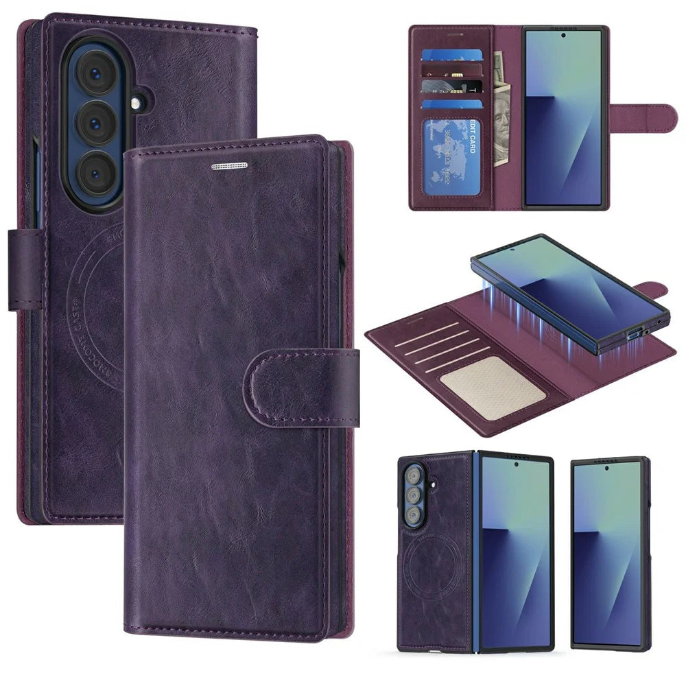 For Samsung Galaxy Z Fold7 5G Magnetic Leather Case RFID Blocking Wallet Detachable Phone Cover - Dark Purple - 1