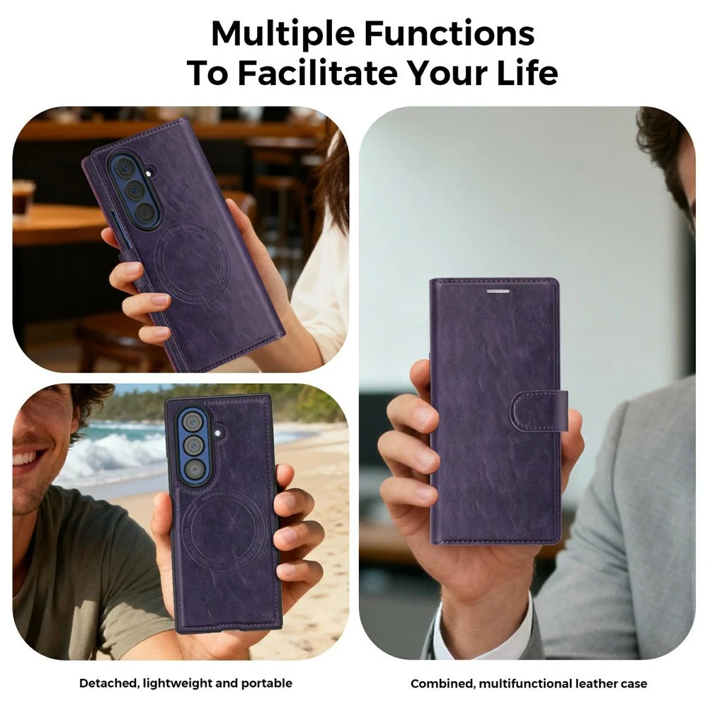 For Samsung Galaxy Z Fold7 5G Magnetic Leather Case RFID Blocking Wallet Detachable Phone Cover - Dark Purple - 7
