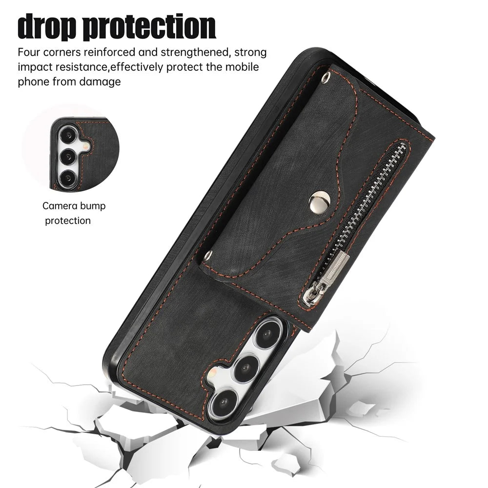 For Samsung Galaxy A57 5G Case Multiple Card Holder Kickstand TPU PU Leather + PC Phone Cover with Wrist Strap - Black - 7