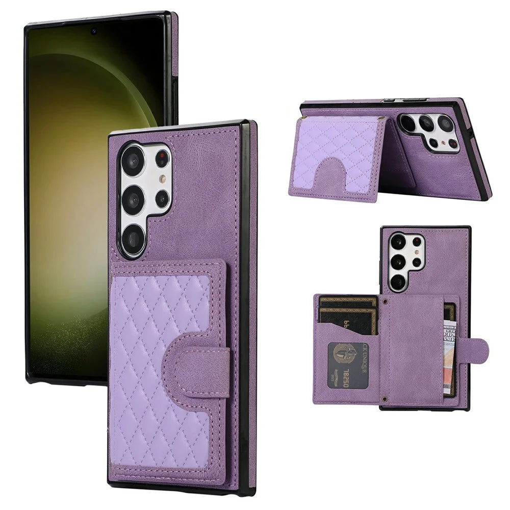 For Samsung Galaxy S26 Ultra Case Rhombus Grid TPU PU Leather PC Phone Cover with Card Holder Kickstand - Purple - 1