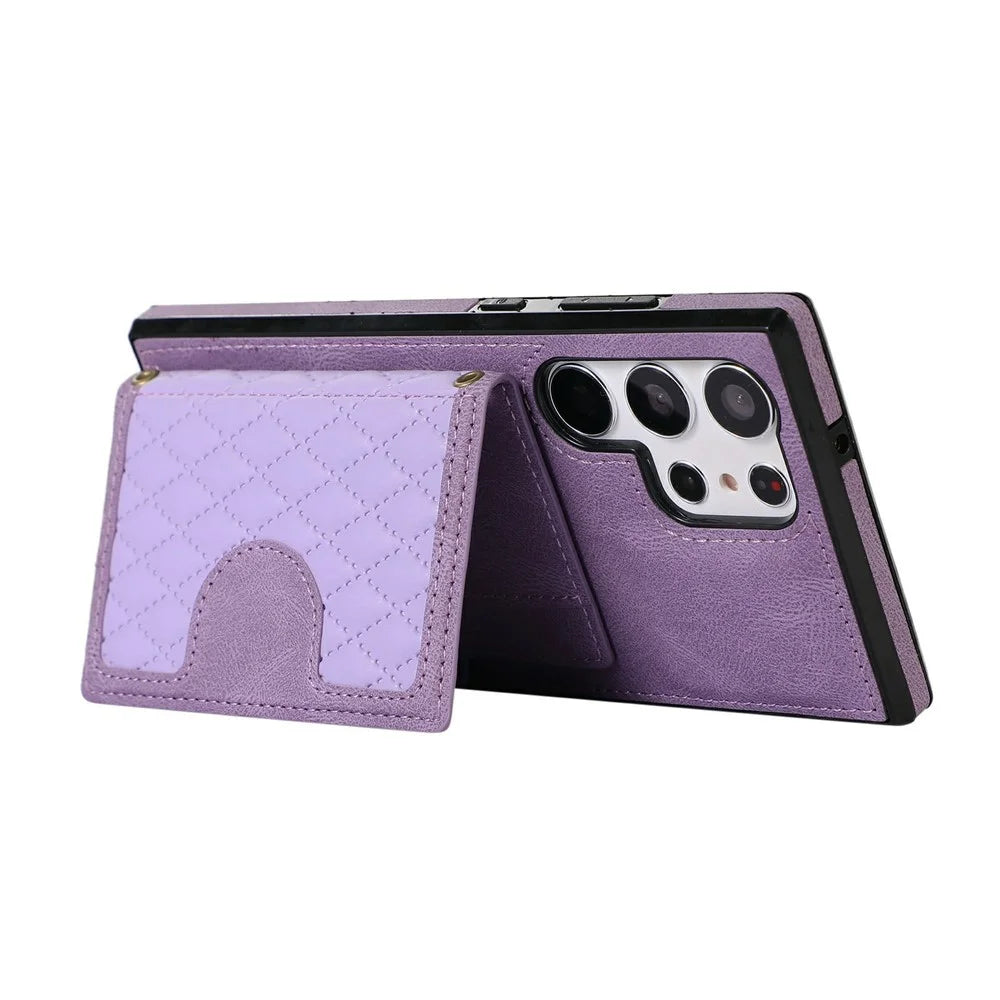 For Samsung Galaxy S26 Ultra Case Rhombus Grid TPU PU Leather PC Phone Cover with Card Holder Kickstand - Purple - 3