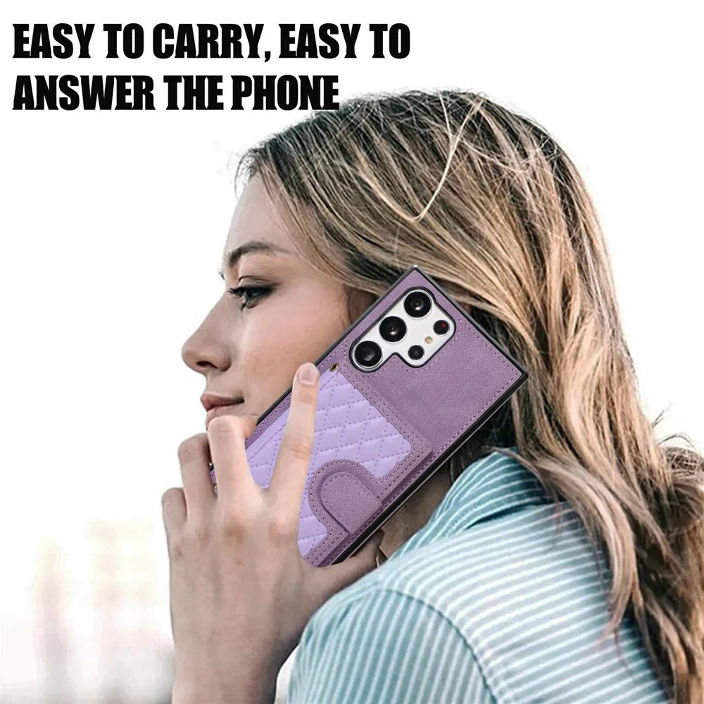 For Samsung Galaxy S26 Ultra Case Rhombus Grid TPU PU Leather PC Phone Cover with Card Holder Kickstand - Purple - 7