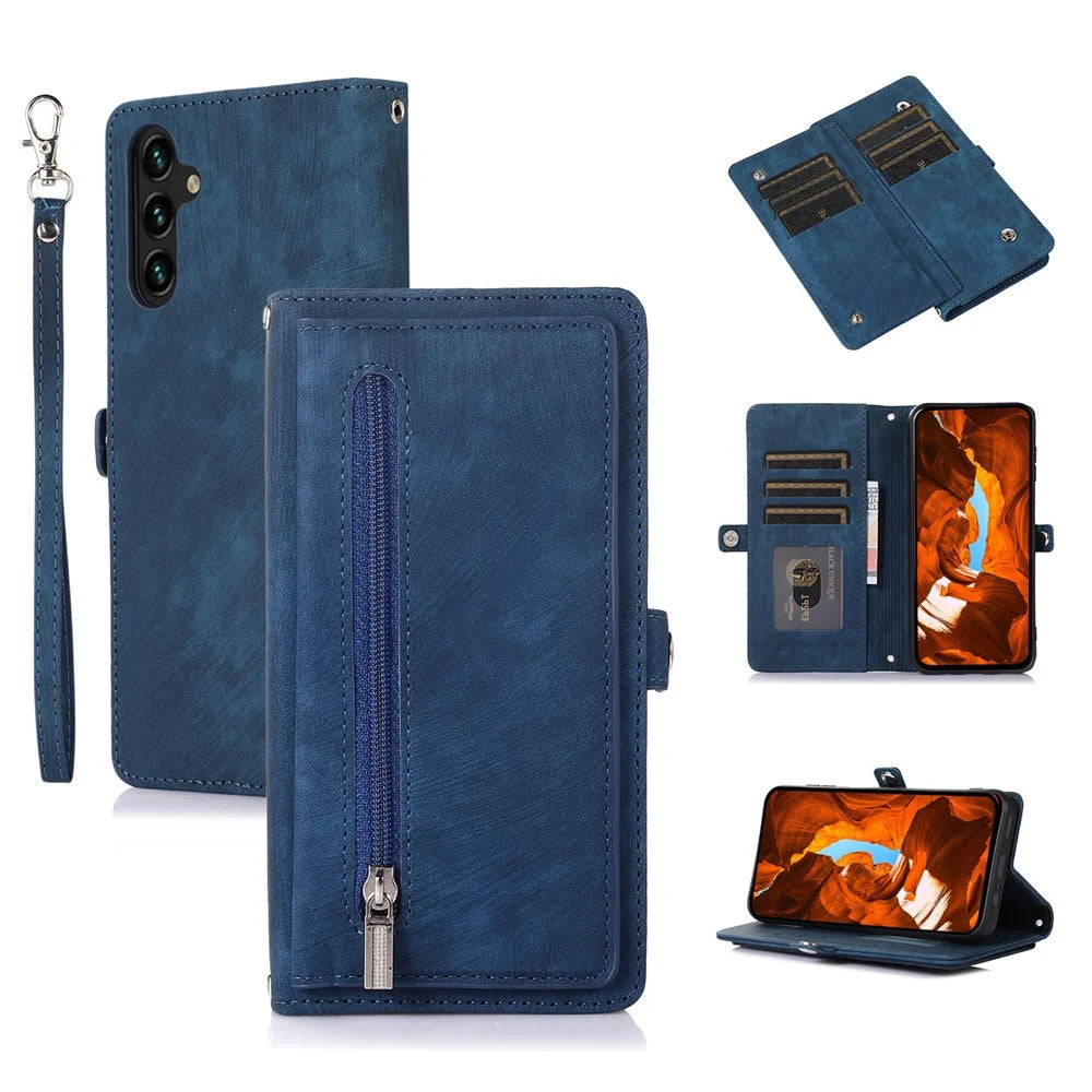 For Samsung Galaxy A57 5G Case Zipper Pocket 9 Card Slots PU Leather Phone Cover with Wrist Strap - Blue - 1