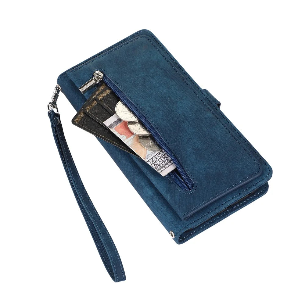 For Samsung Galaxy A57 5G Case Zipper Pocket 9 Card Slots PU Leather Phone Cover with Wrist Strap - Blue - 7