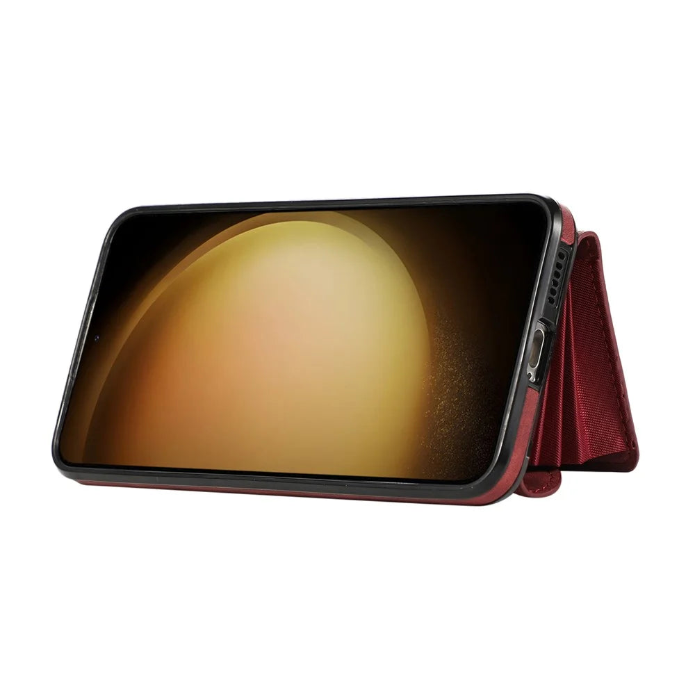 For Samsung Galaxy S26 Cell Phone Case PU Leather + TPU RFID Blocking Card Slots Cover with 2 Straps - Red - 2