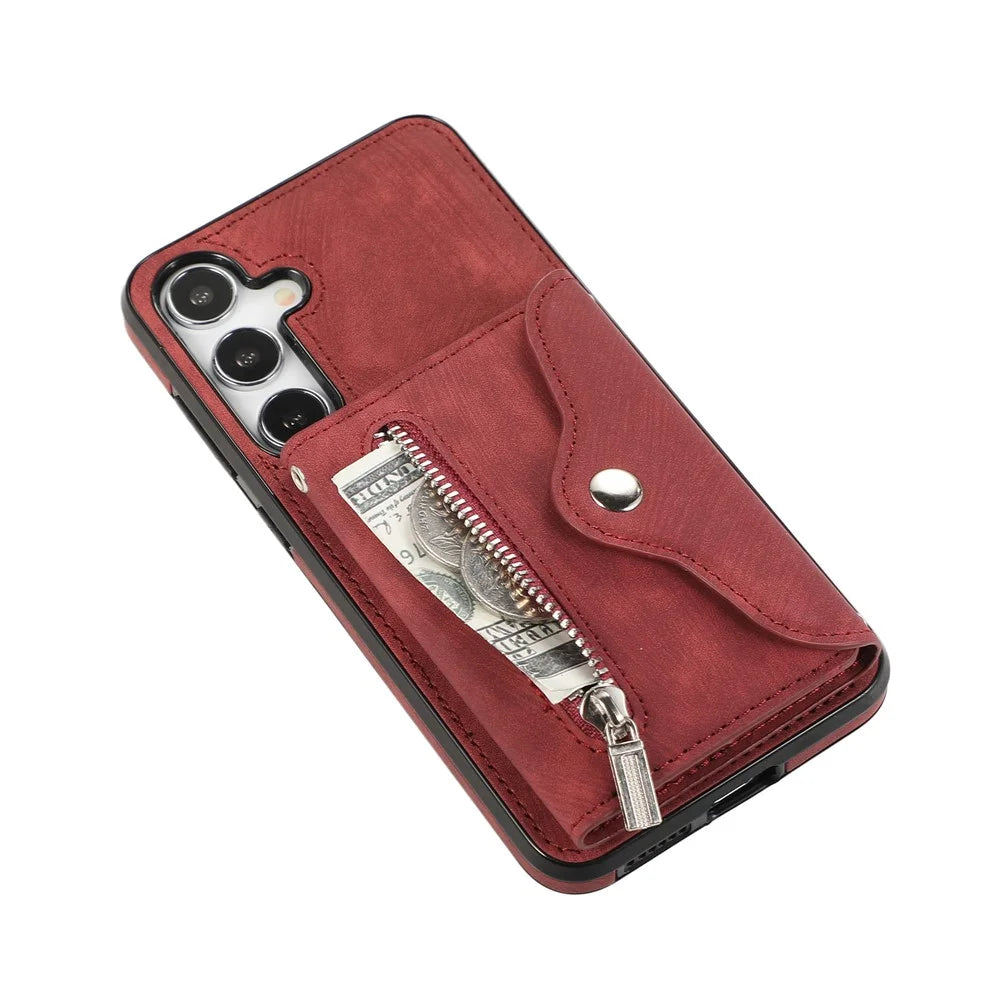 For Samsung Galaxy S26 Cell Phone Case PU Leather + TPU RFID Blocking Card Slots Cover with 2 Straps - Red - 5