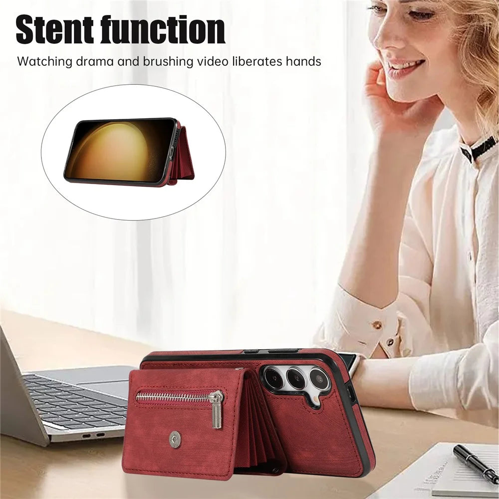 For Samsung Galaxy S26 Cell Phone Case PU Leather + TPU RFID Blocking Card Slots Cover with 2 Straps - Red - 6