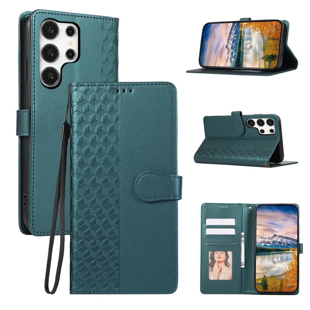 For Samsung Galaxy S26 Ultra Case 3D Rhombus Grid Imprinted Wallet Leather Phone Cover with Lanyard - Green - 1