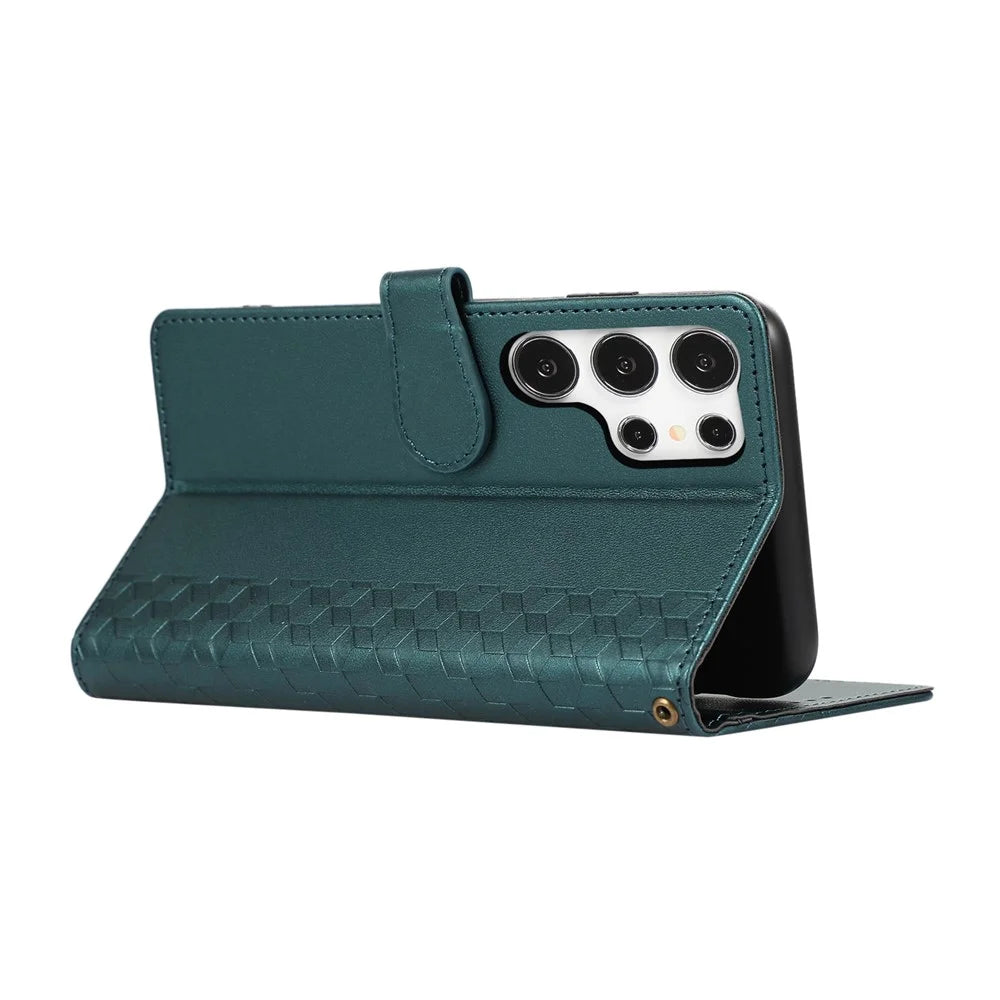 For Samsung Galaxy S26 Ultra Case 3D Rhombus Grid Imprinted Wallet Leather Phone Cover with Lanyard - Green - 4