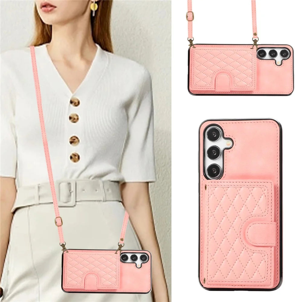 For Samsung Galaxy S26 Kickstand Phone Case TPU+PU Leather Shoulder Phone Bag - Rose Gold - 7