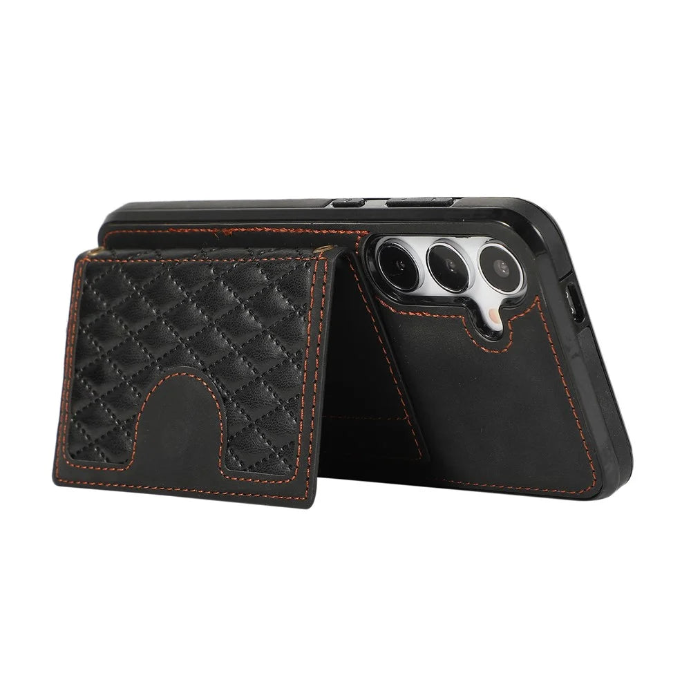 For Samsung Galaxy A57 5G Case Rhombus Grid TPU PU Leather PC Phone Cover with Card Holder Kickstand - Black - 3