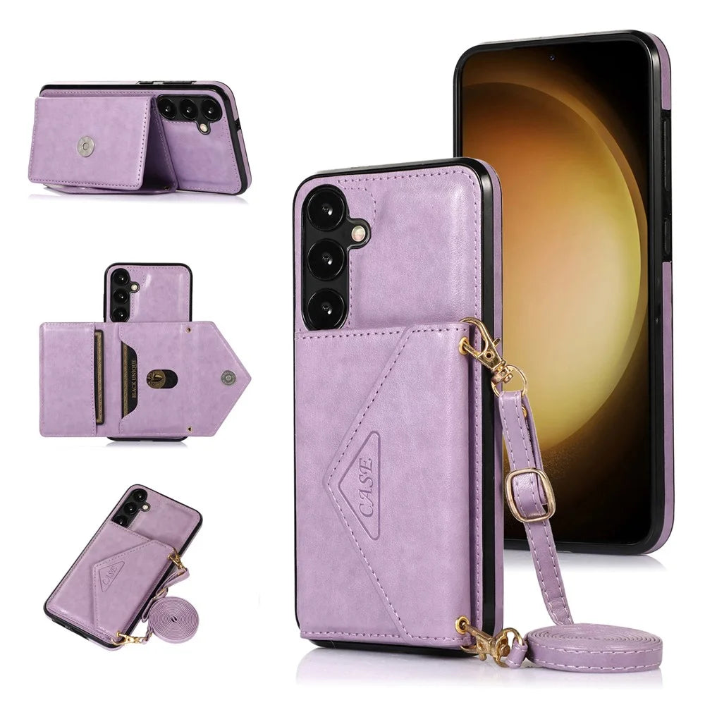 For Samsung Galaxy A37 5G Cell Phone Case Triangle Lid Card Bag Leather + TPU Cover with Long Strap - Purple - 1