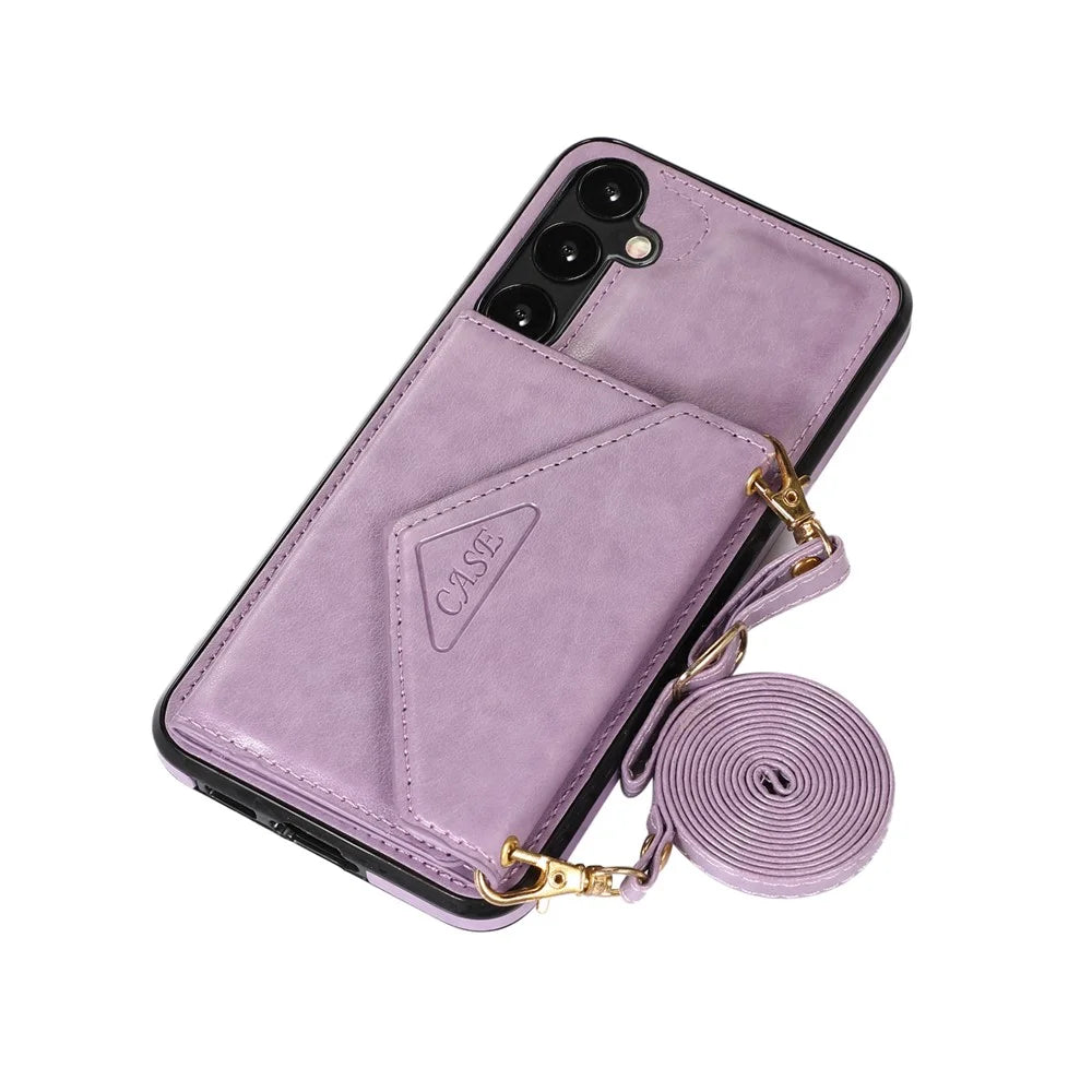 For Samsung Galaxy A37 5G Cell Phone Case Triangle Lid Card Bag Leather + TPU Cover with Long Strap - Purple - 5