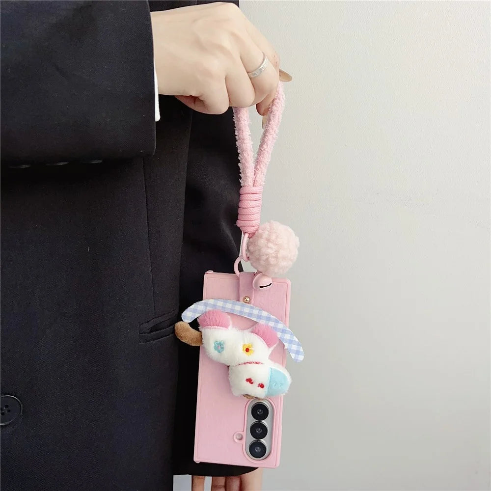 For Samsung Galaxy Z Fold7 5G Case Plush Animal TPU PC Phone Cover with Wrist Strap and Pom-pom Bell - Pink - 2