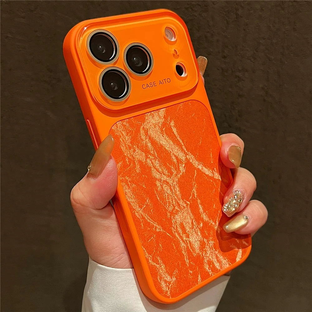 For iPhone 17 Pro Magnetic Case Snow Mountain Pattern PU Leather TPU PC Phone Back Cover with Lens Film - Orange - 1