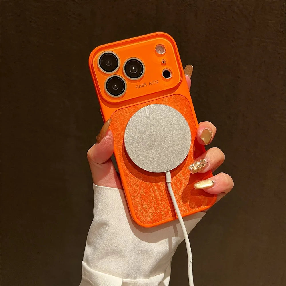 For iPhone 17 Pro Magnetic Case Snow Mountain Pattern PU Leather TPU PC Phone Back Cover with Lens Film - Orange - 2