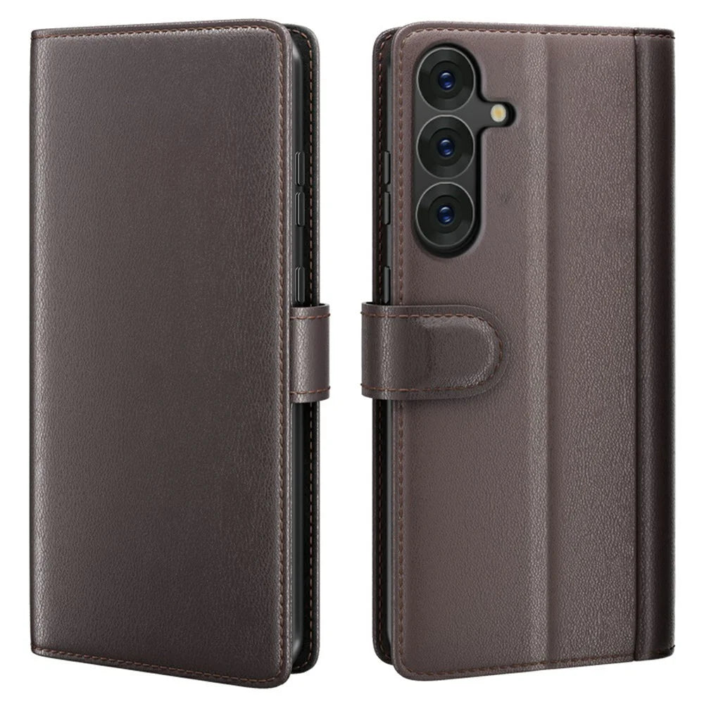 AMORUS For Samsung Galaxy S26+ Stand Cases Calf Texture Genuine Split Leather Wallet Phone Cover - Brown - 1