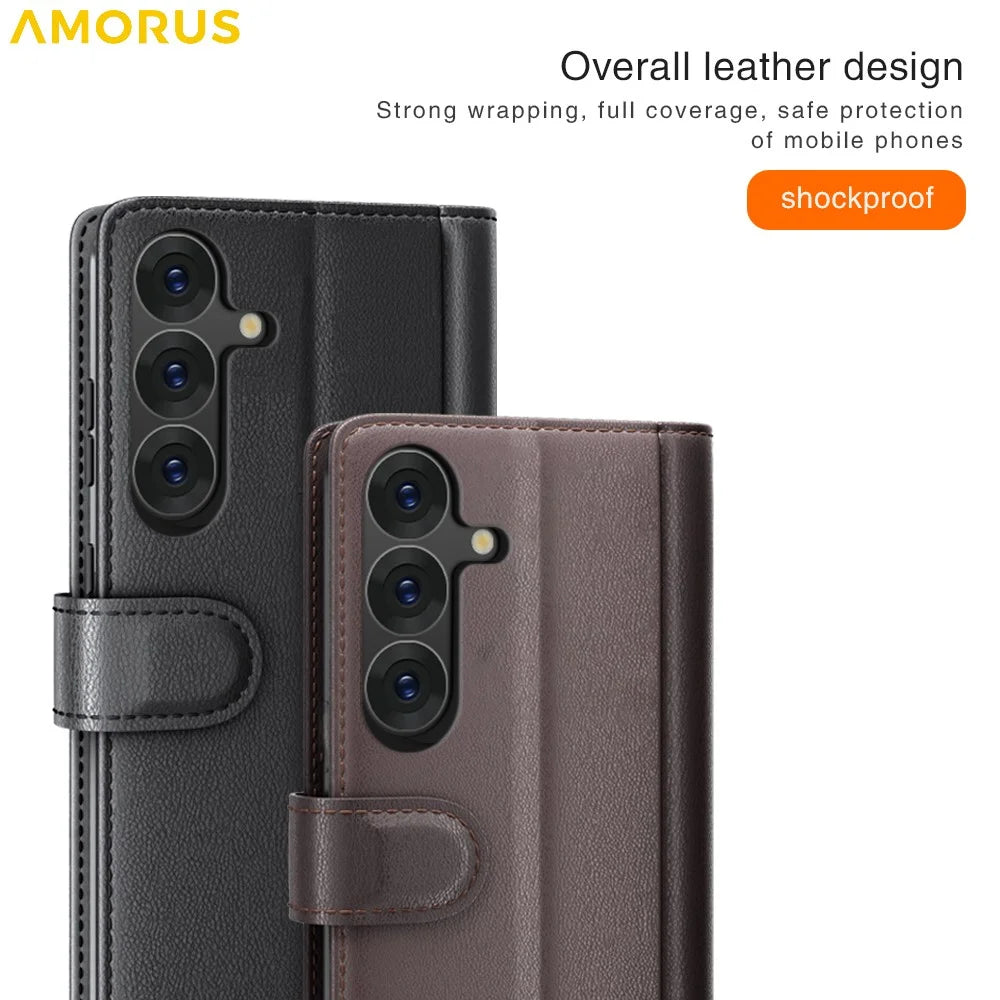 AMORUS For Samsung Galaxy S26+ Stand Cases Calf Texture Genuine Split Leather Wallet Phone Cover - Brown - 5