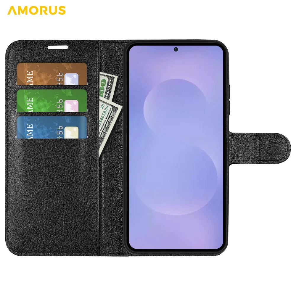 AMORUS For Samsung Galaxy S26+ Wallet Case Litchi Texture Shockproof Leather Flip Stand Phone Cover - Black - 2