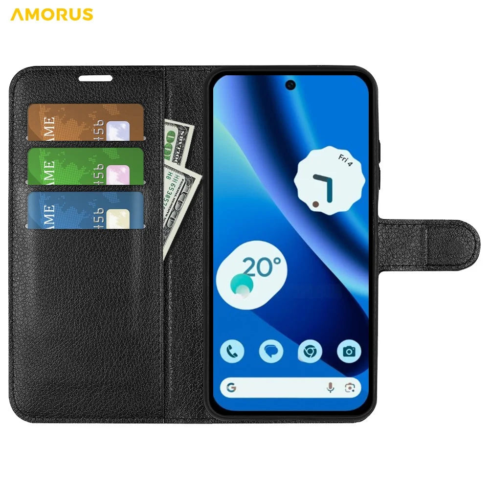 AMORUS For Google Pixel 10a Wallet Case Litchi Texture Shockproof Leather Flip Stand Phone Cover - Black - 2