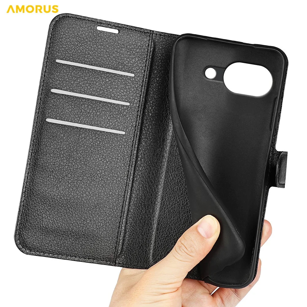 AMORUS For Google Pixel 10a Wallet Case Litchi Texture Shockproof Leather Flip Stand Phone Cover - Black - 5
