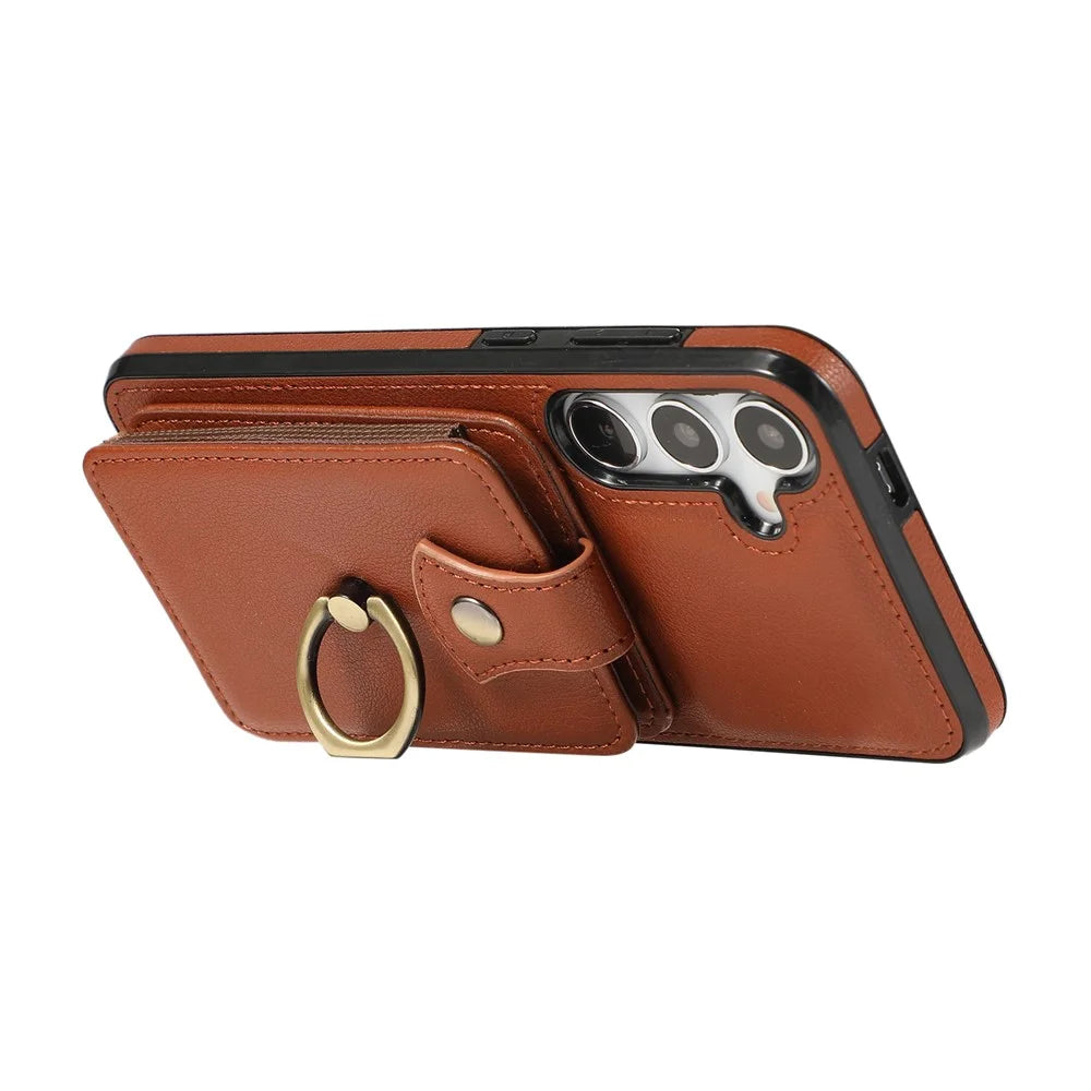For Samsung Galaxy A37 5G Case Card Holder Ring Kickstand TPU + PU Leather Phone Cover with Long Strap - Brown - 3